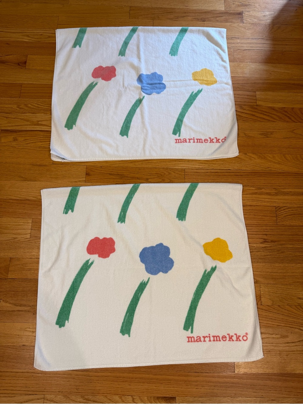 Two Vintage Marimekko Floral Towel in White with Yellow, Blue & Green Accents